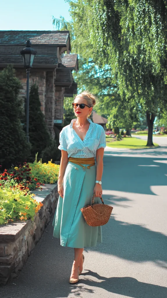 woman in a blue dress, walking outside, mom outfits