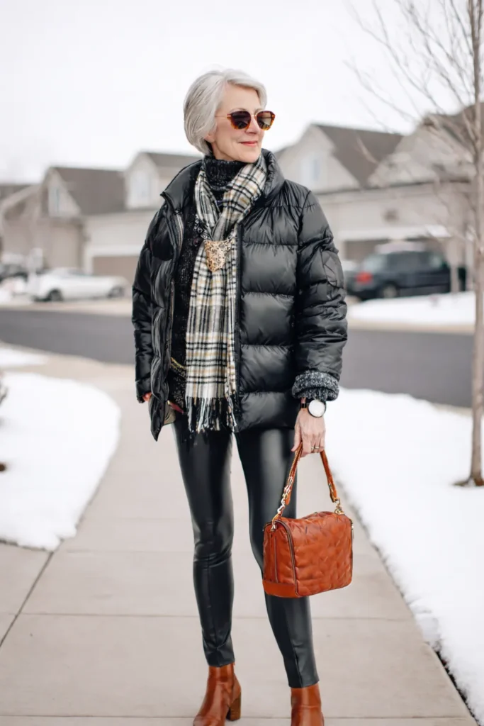 older woman outside int he winter with a black puffer jacket