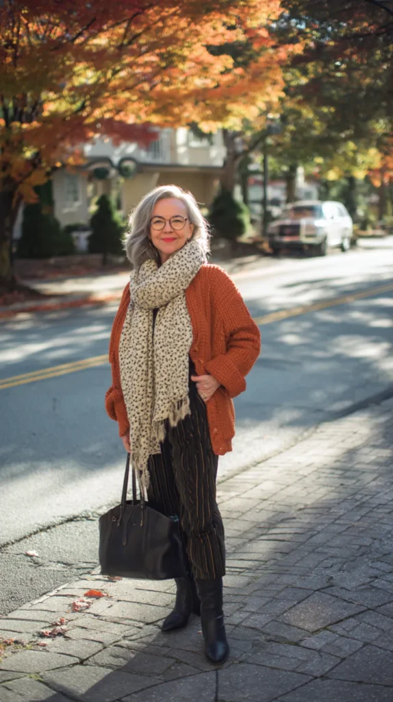 woman with gray hair styling her mom outfit with a bold beige scarf and long sleeve jacket and pants