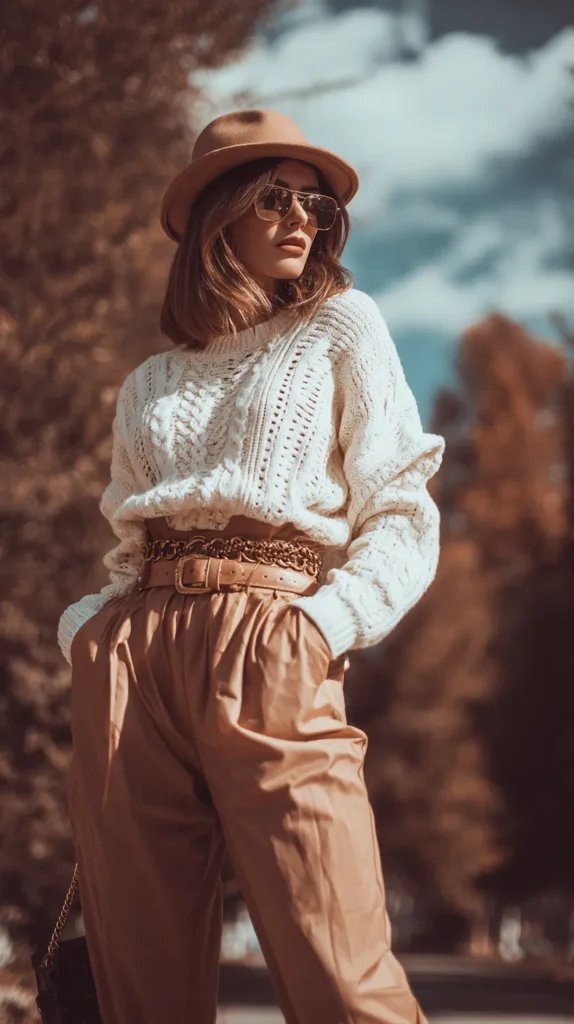 woman with a fall fit, brown hat, brown pants, cream sweater
