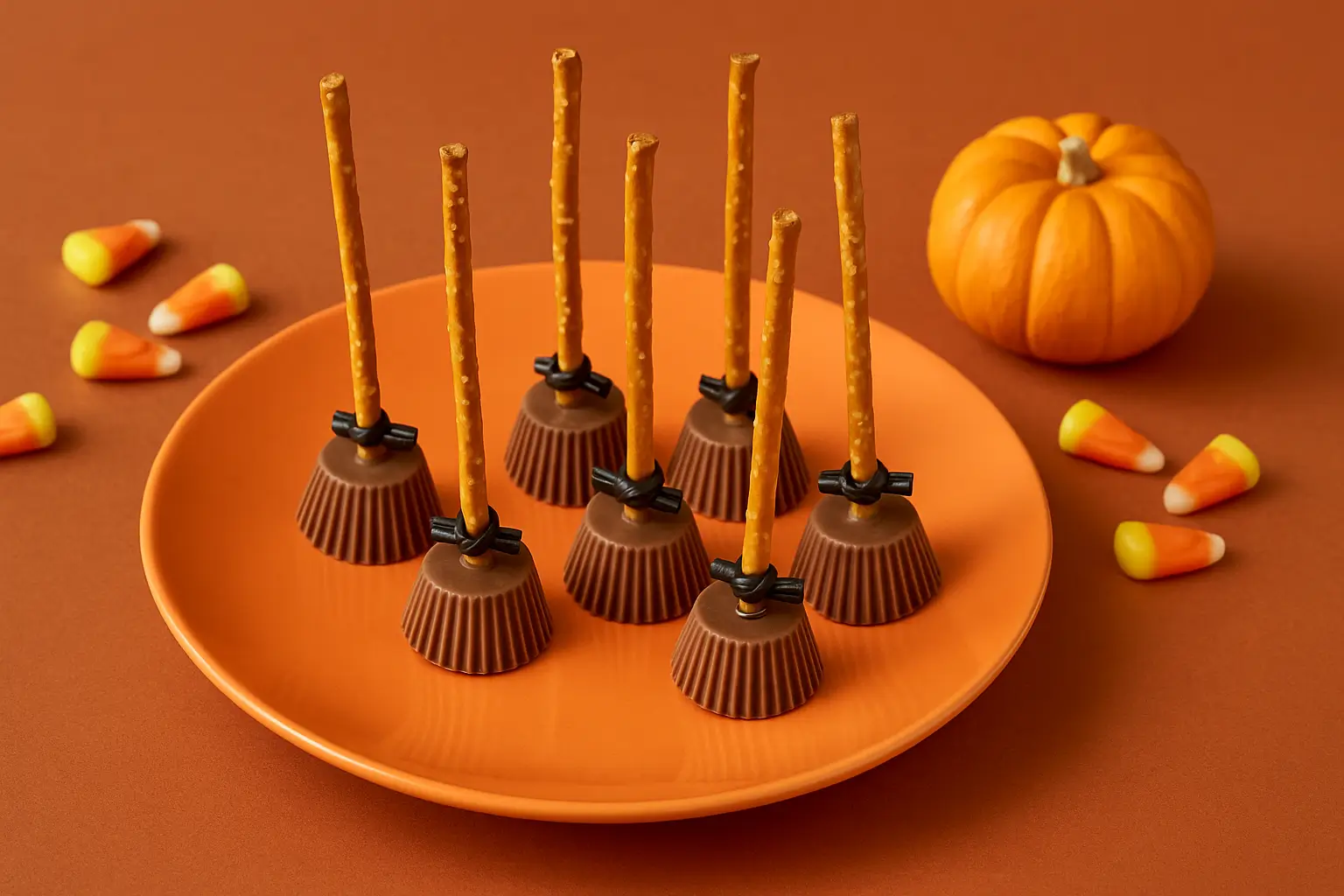 witches brooms snack, pretzel sticks and peanut butter cups