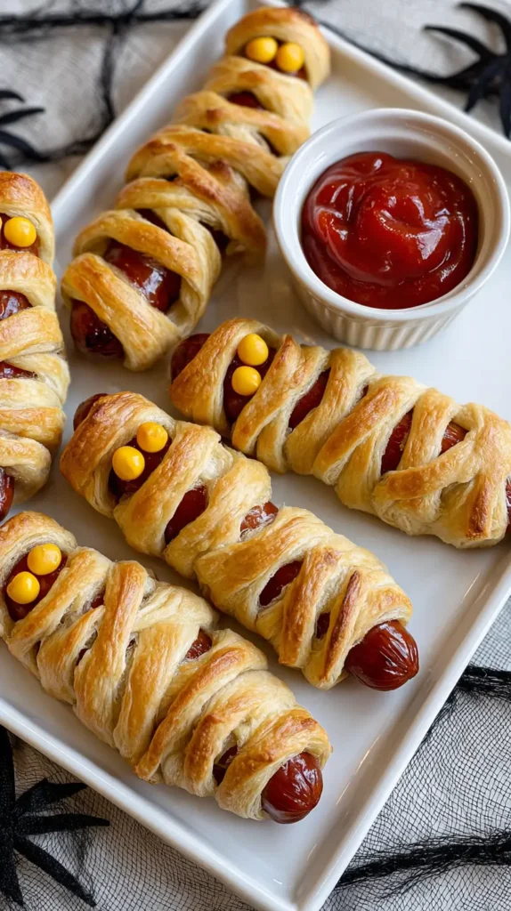 crescent roll mummy hot dogs with mustard eyes