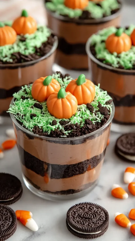 pumpkin patch pudding dirt cups, simple halloween treat ideas