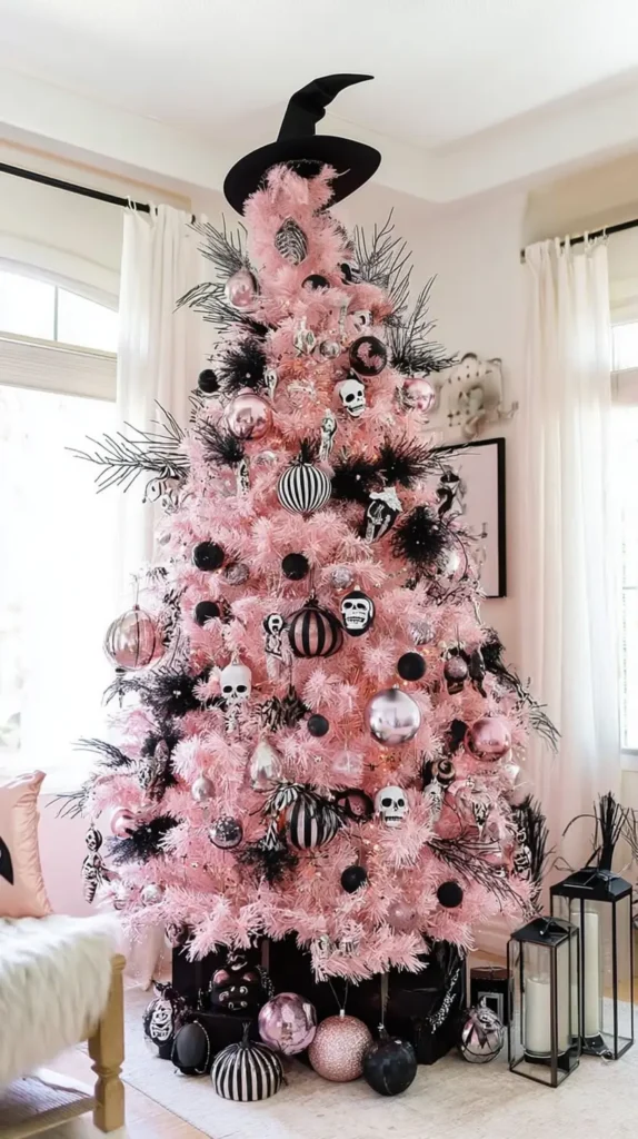 pink, black and white Halloween tree decorated 
