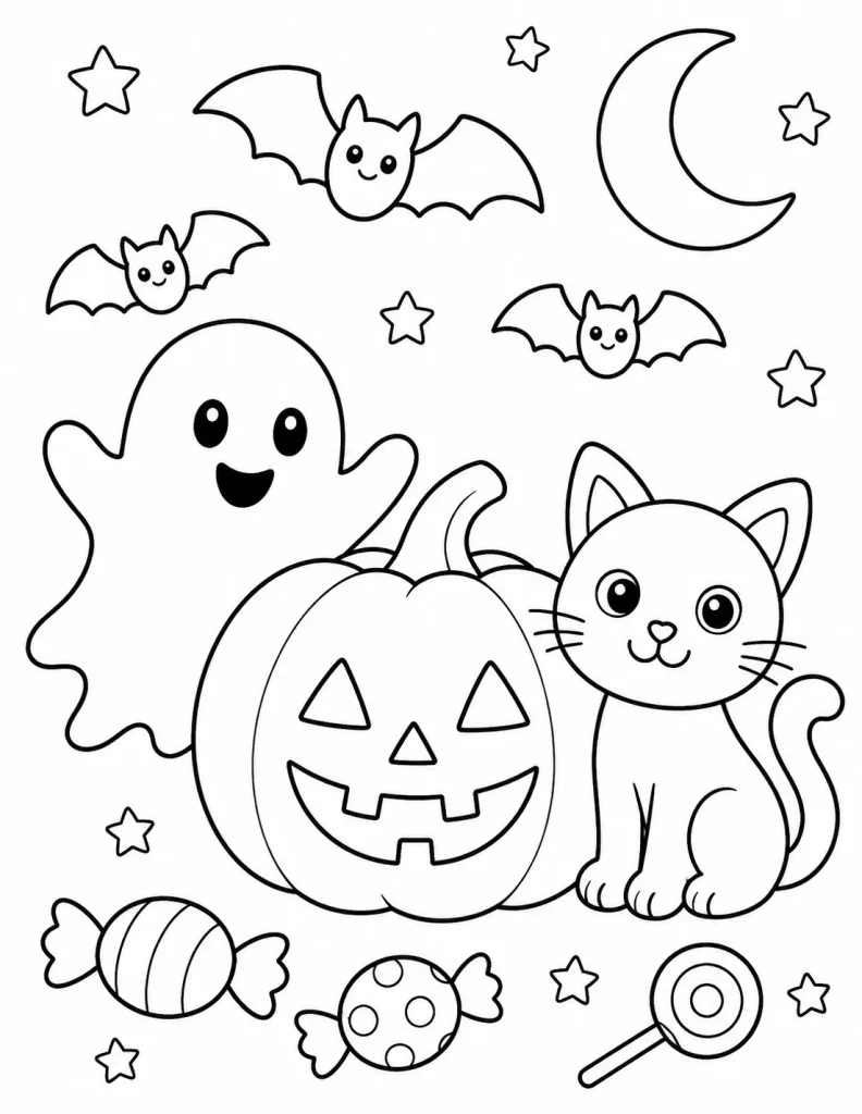 Smiling ghost, jack-o'-lantern, black cat, and playful bats with candy and moon in Halloween coloring page design