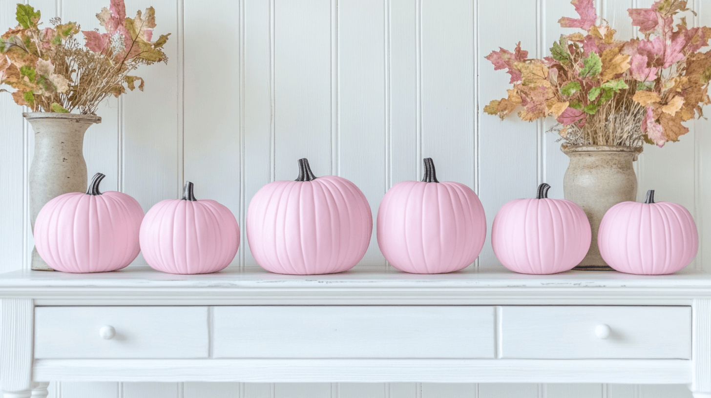 row of pink pumpkins on a mantle; pink Halloween decor ideas