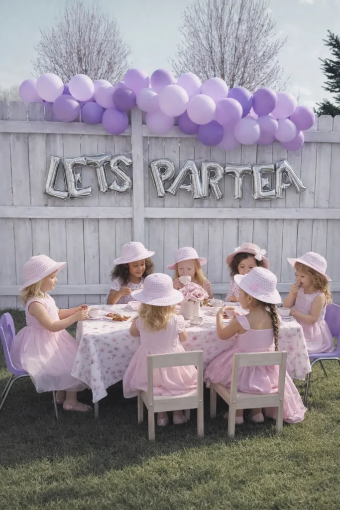 girls sitting outside at a table, balloon decor on fence