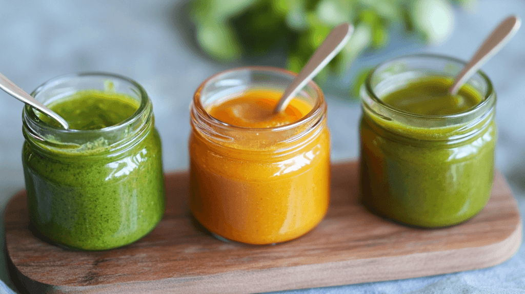 three jars of puréed baby food with spoons