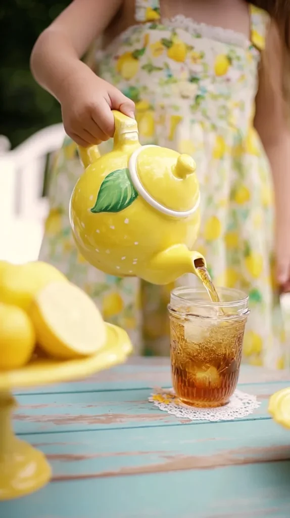 lemon tea pot pouring iced tea by a child