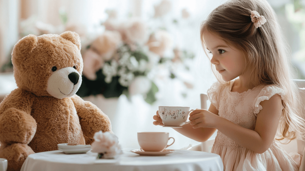 girl holding a tea cup with her large teddy bear