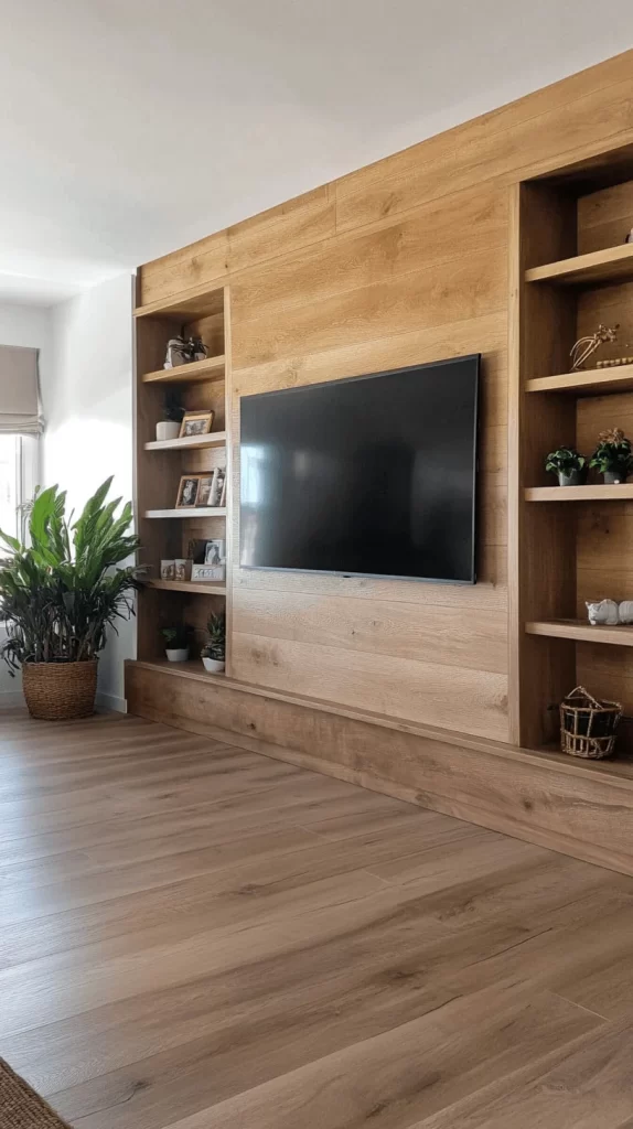 built-in wood storage shelves