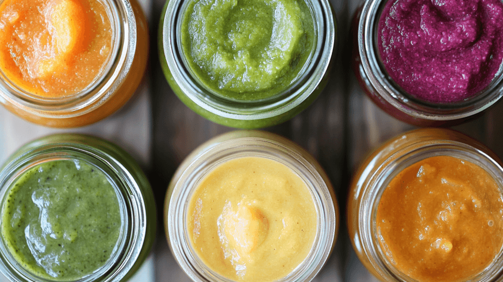 overhead view of baby food jars; homemade baby food recipes for beginners