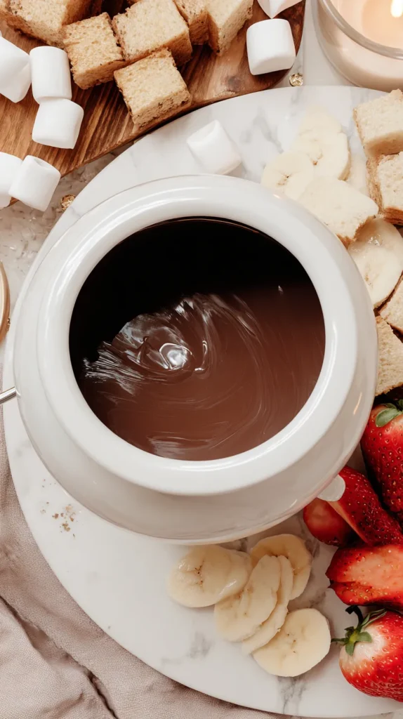 overhead view of a Valentine dessert, chocolate fondue pot