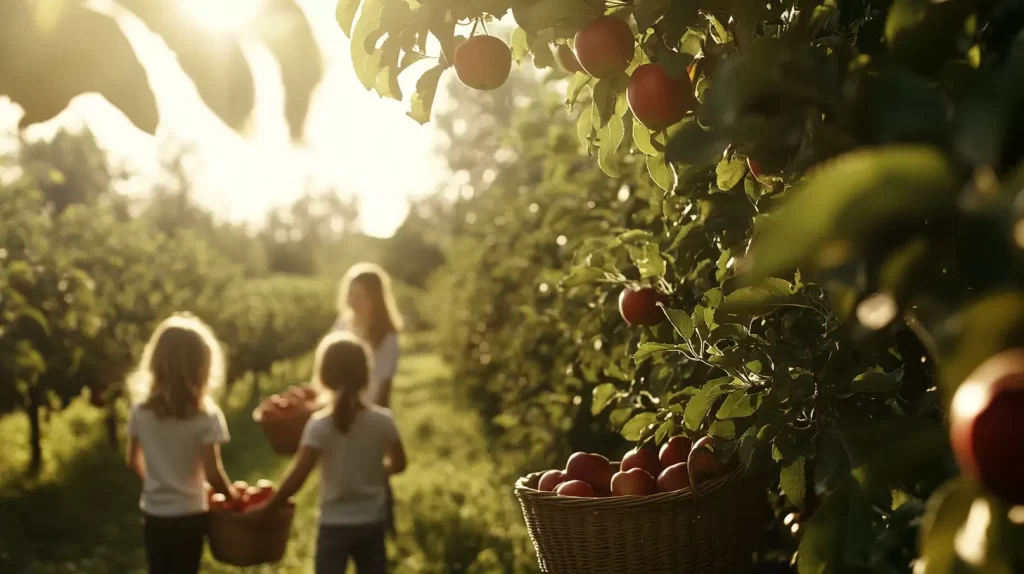 family picking apples at the orchard