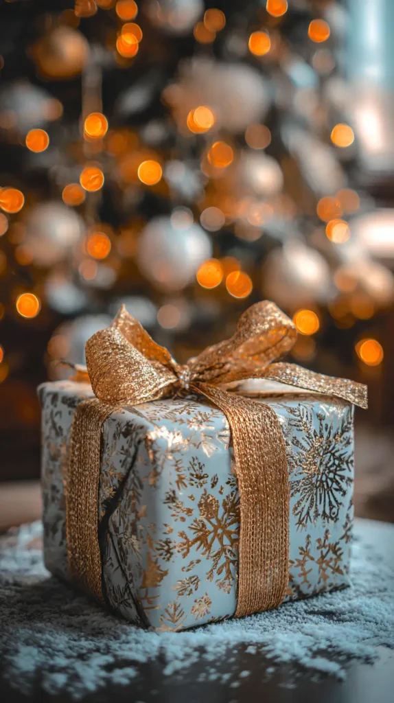 blue and gold wrapped Christmas gift for mom, near a Christmas tree