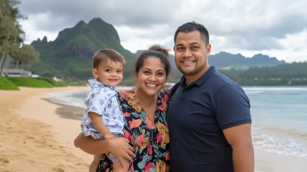 family of three at the beach