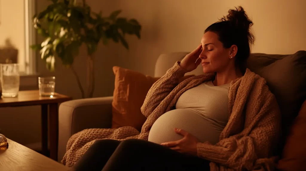 pregnant woman sittting in a dim room with a headache