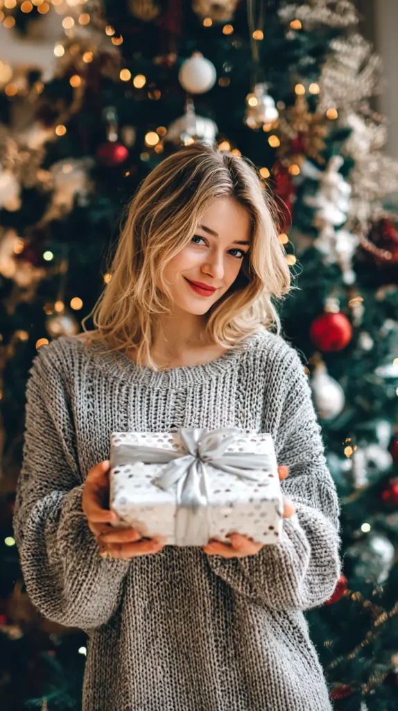woman holding a wrapped present near a Christmas tree