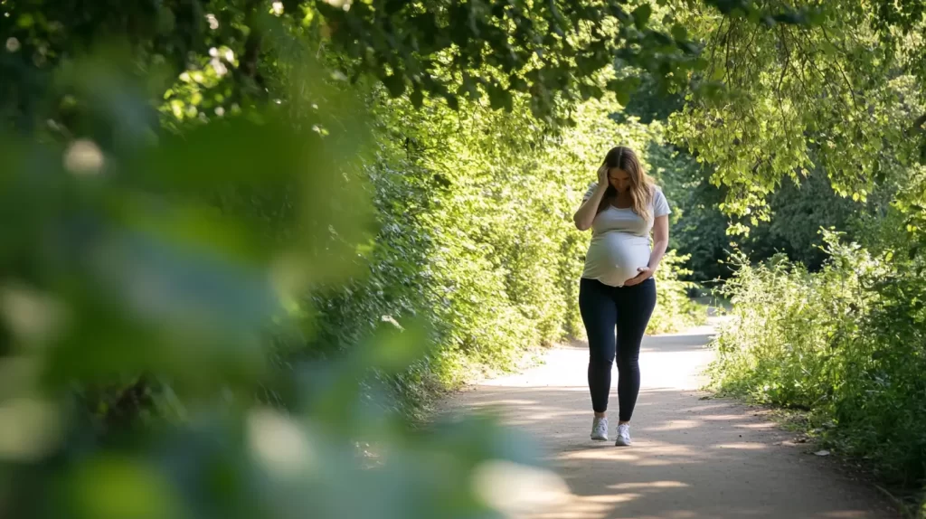 woman that is pregnant walking with a headache