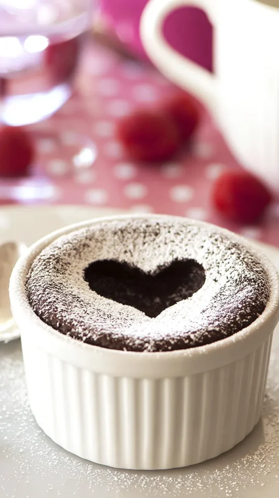 molten lava cake with powdered sugar heart outline