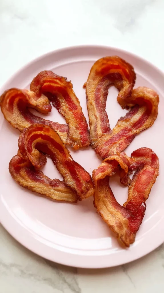 heart-shaped bacon on a pink plate