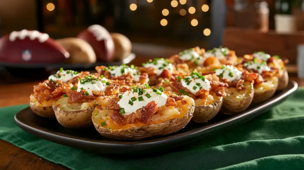 tray of potato skins, super bowl food ideas