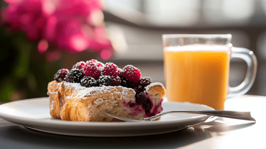 berry croissant casserole slice with orange juice