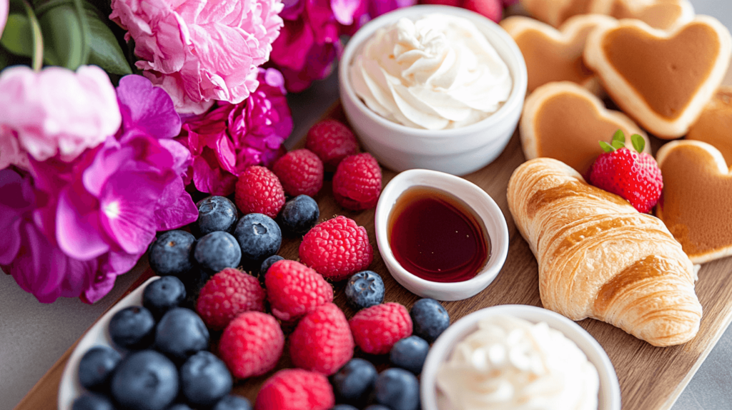 brunch board with berries and heart-shaped pancakes 