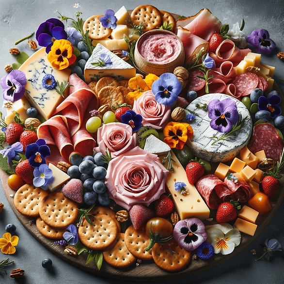 valentine charcuterie board, edible flowers with meats and cheese