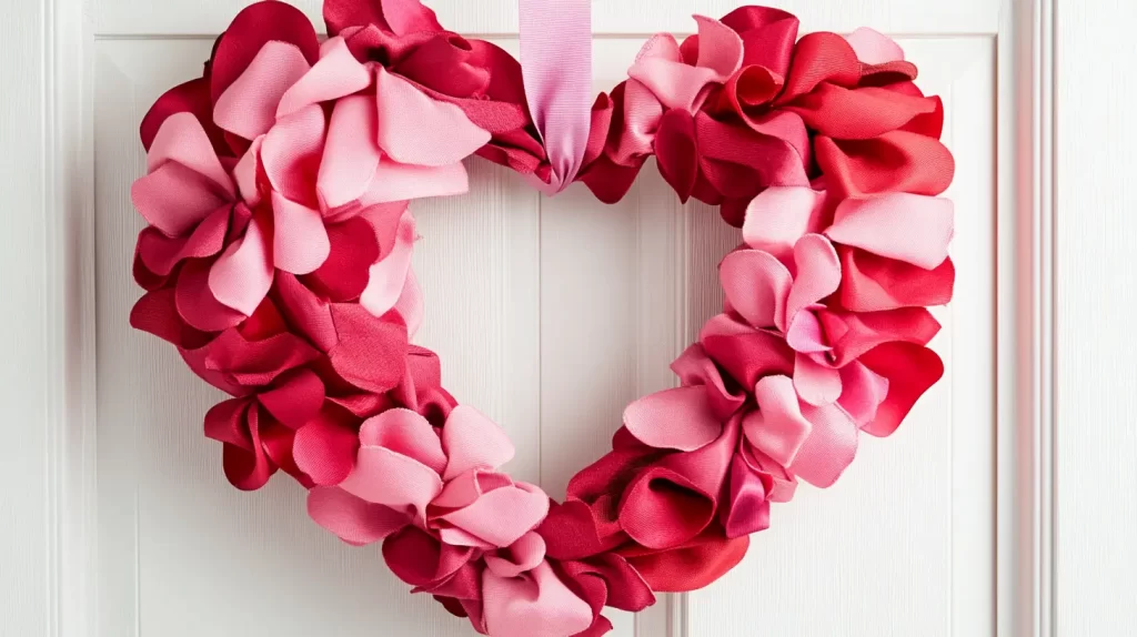 fabric heart-shaped wreath, valentine crafts for adults