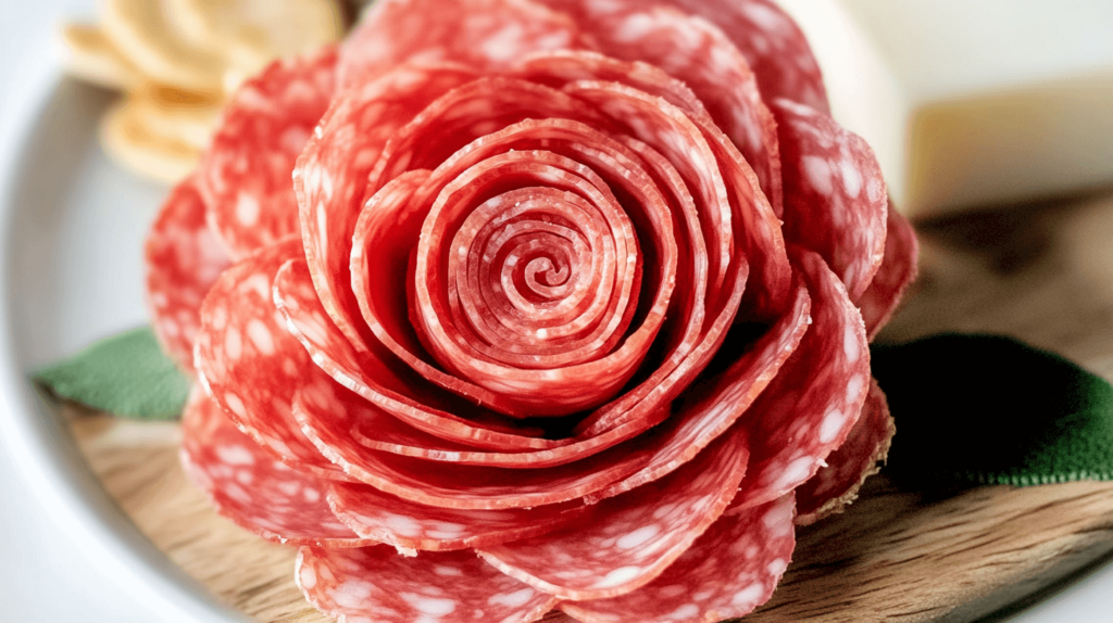 salami rose for a Valetine charcuterie board