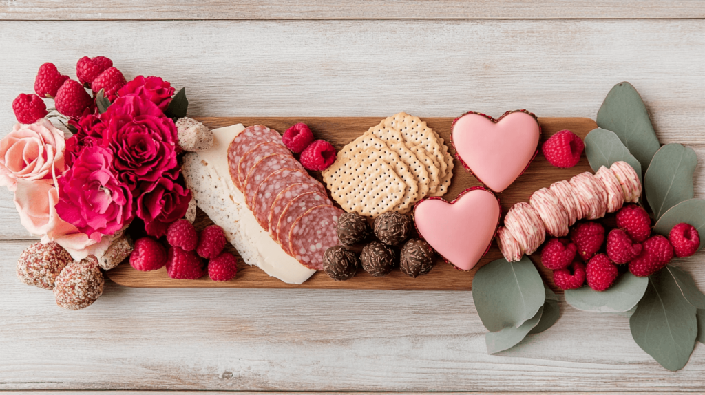 board with heart treats and crackers