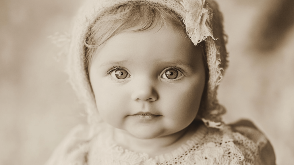 baby girl in a sepia toned photo