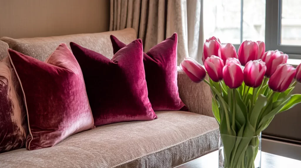 plum velvet pillows on the couch