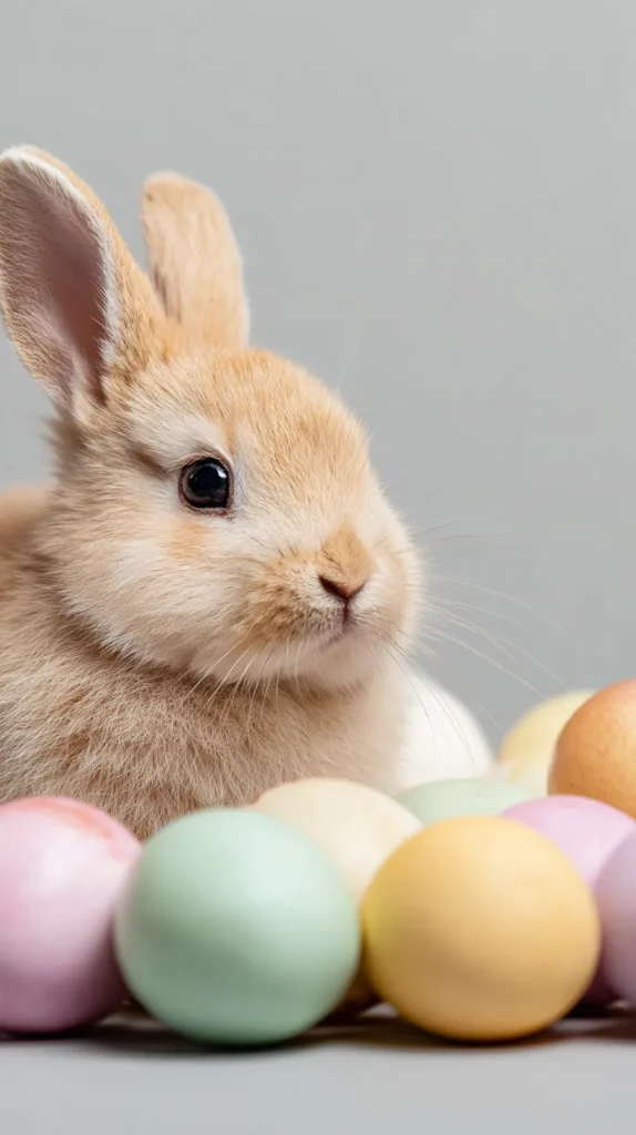 bunny laying down surrounded by colored pastel eggs
