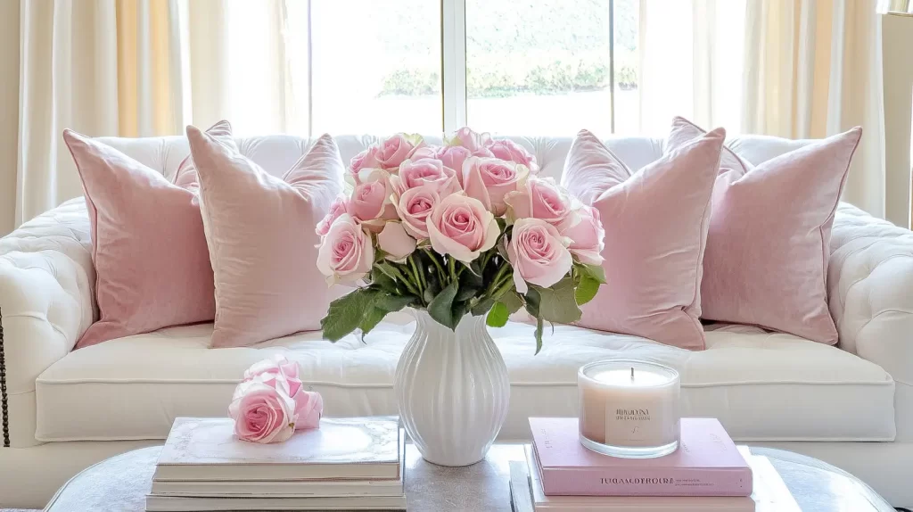 pink pillows on a white sofa Valentine decorating ideas