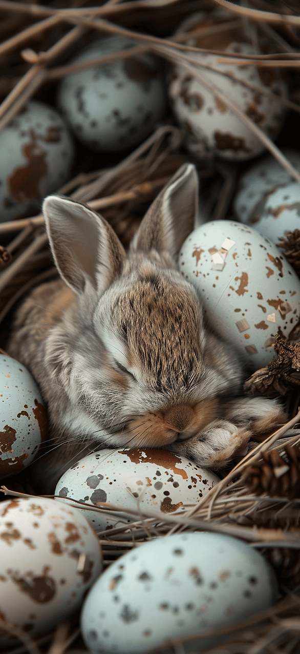 A cozy scene of a small, fluffy bunny curled up among Easter eggs in a nest.