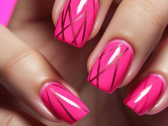 This image displays a hand with nails painted in a bright, neon pink shade, creating a bold and vibrant look. The neon pink nails are eye-catching and radiate a fun, energetic vibe, perfectly suitable for parties or lively summer days. Adding to the dynamic design, dark pink accent lines in a random pattern traverse the nails, providing an extra layer of visual interest. This detail elevates the manicure, making it even more striking and unique. The combination of neon pink with dark pink accents encapsulates a style that's meant for those who love to stand out and embrace vivid, lively colors.