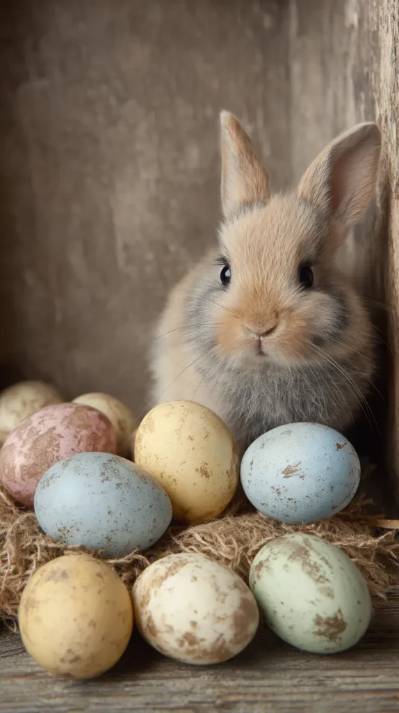 sweet and soft bunny in the barn next to pastel colored eggs