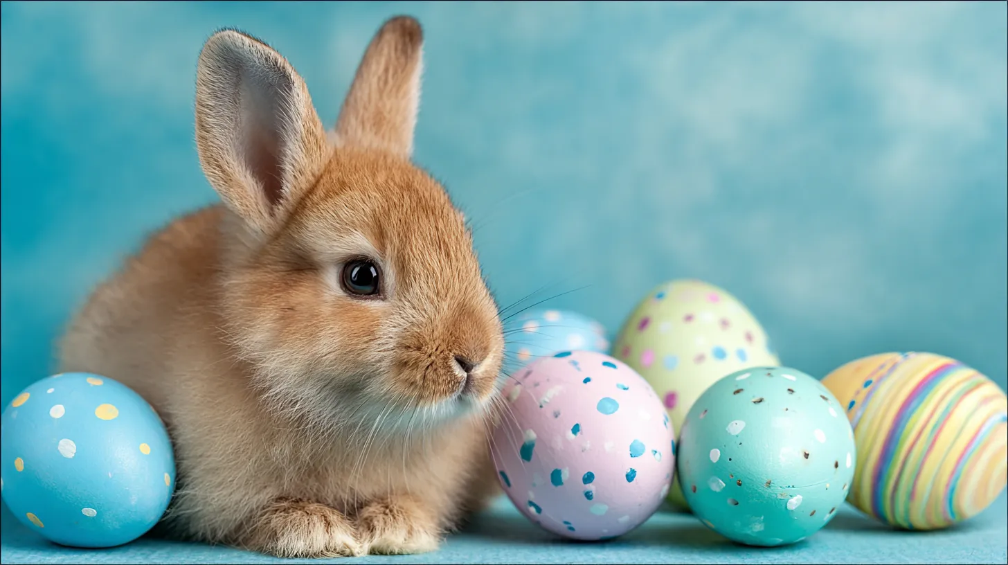 bunny next to painted eggs