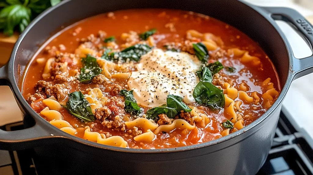 ground turkey in soup pot with lasagna