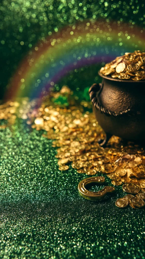 pot of gold and green glitter and rainbow 
