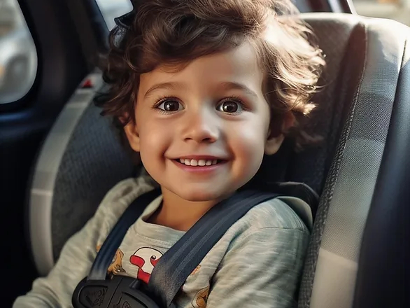 toddler car trip activities - toddler boy smiling in a car seat