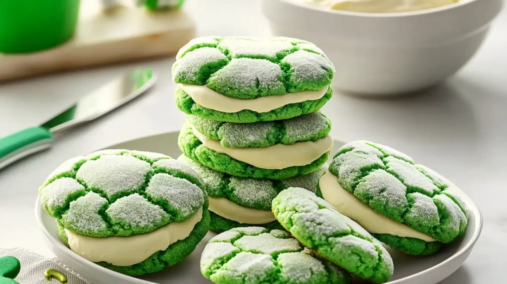 icing in-between two green cookies