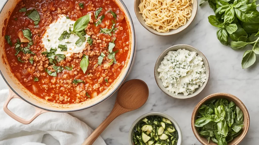 one pot lasagna soup with toppings