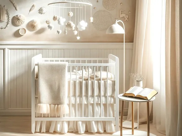 A beautifully arranged nursery room, featuring white and pastel colors that create a soft and tranquil ambiance. The centerpiece is a classic white crib with pastel bedding. Above the crib, a delicate mobile with whimsical shapes gently moves in the air. Nearby, a small, elegant table holds an open Bible with visible, readable pages. The room is adorned with subtle pastel accents and natural light softly illuminates the space, highlighting the peaceful, nurturing atmosphere of the nursery. Inspiration for biblical baby names.