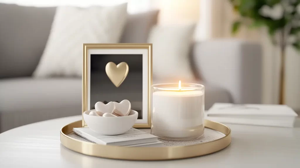 tray with framed heart and candle