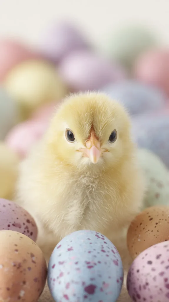 young yellow chick amongst colored pastel eggs