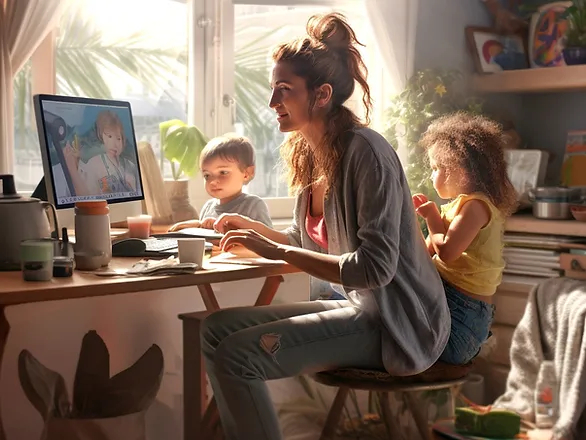 time management tips for working parents - mom working at computer with two children nearby 
