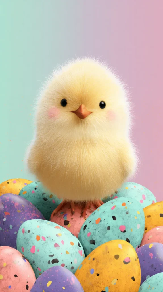 animated yellow chick standing on top of colored eggs
